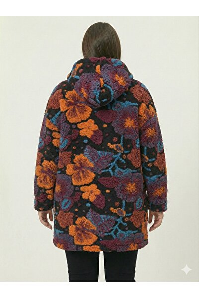 della moor Women's Black Italian Plus Size Wool Long Felt Coat Embossed Zipper Closure K Hooded 40-52 Size