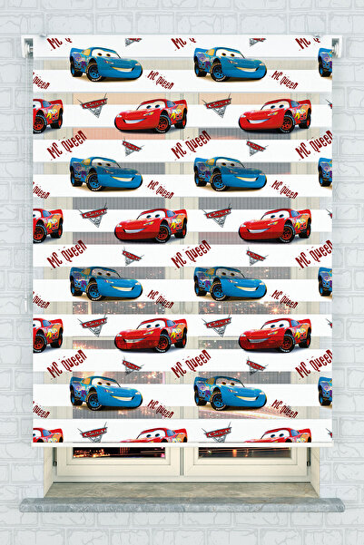 Genel Markalar Çocuk Odası Renkli Şimşek Mquuen Arabalar Baskılı Zebra Perde