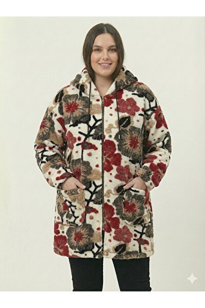 della moor Women's Ecru Italian Plus Size Wool Long Felt Coat Floral Zipper K Hooded 40-52 Size