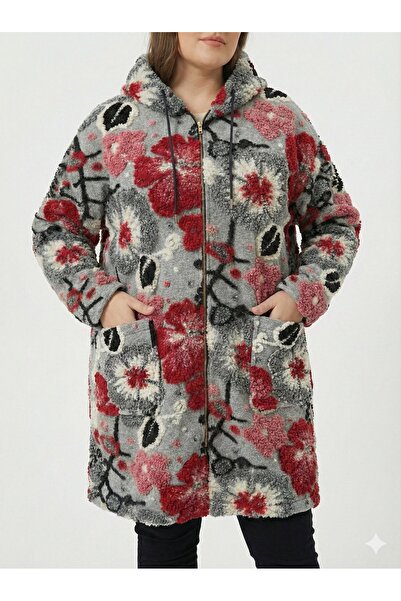 della moor Women's Gray Italian Plus Size Wool Long Felt Coat Embossed Zipper K Hooded 40-52 Size