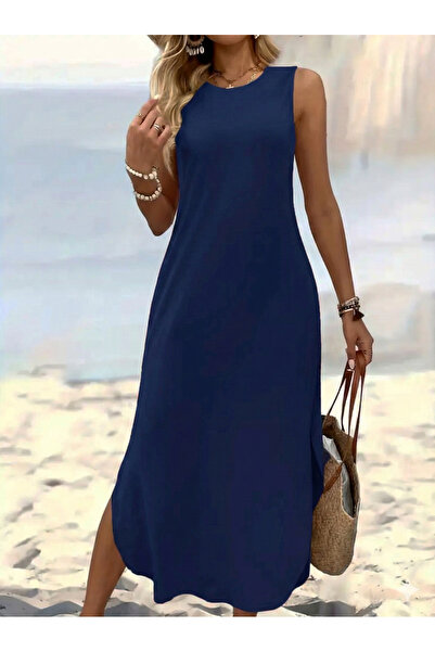 ESPİNA Γυναικείο φόρεμα Etegi Oval με σχισμένο μανίκι Vikon Midi μήκους-Μπλε ναυτικό