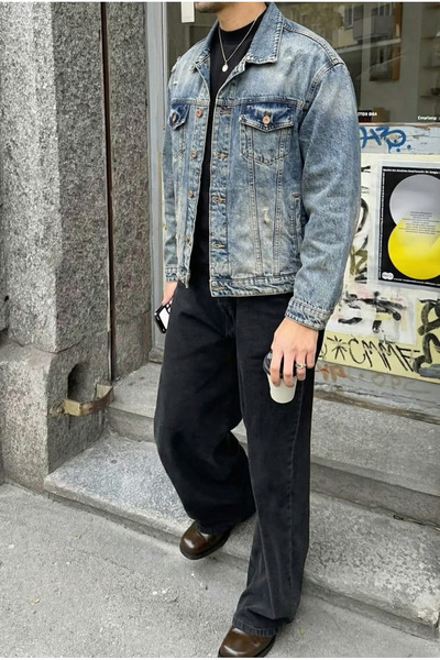 MADZEYMODA Чоловічий зручний крій, джинсова тканина, рвані деталі, синя джинсова куртка Mz612
