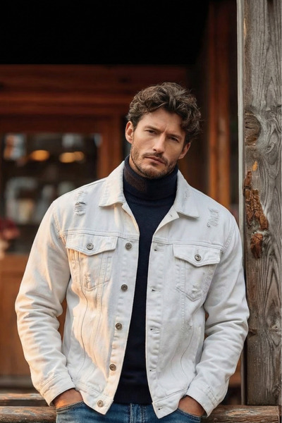 MADZEYMODA Jachetă de blugi albă pentru bărbați, cu model confortabil, din denim, cu detalii rupute KE-635