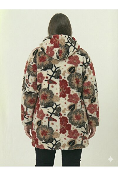 della moor Women's Ecru Italian Plus Size Wool Long Felt Coat Floral Zipper K Hooded 40-52 Size