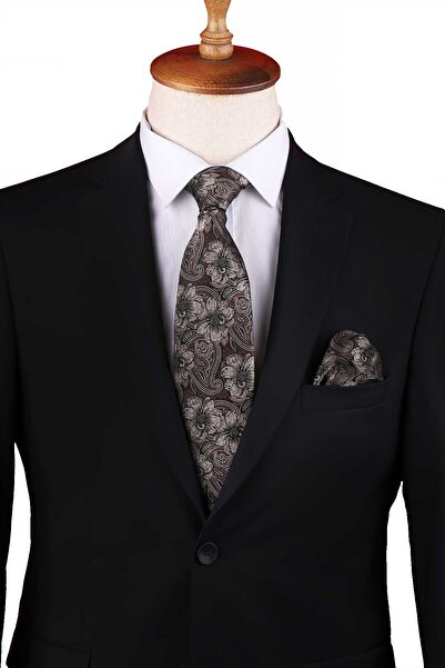 Kravatkolik Μπεζ - Καφέ Κλασική Γραβάτα με Μοτίβο Λουλουδιών KK12949