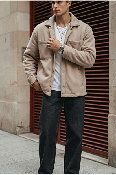 MADZEYMODA Premium ανδρικό μπουφάν με φλις εσωτερικά και κουμπωτά κούμπωμα σε μπεζ χρώμα LS-89921