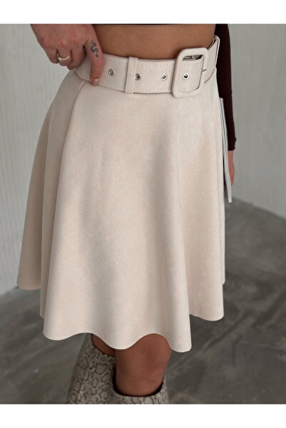 MİSPİER Suede Belted Flared Short Skirt