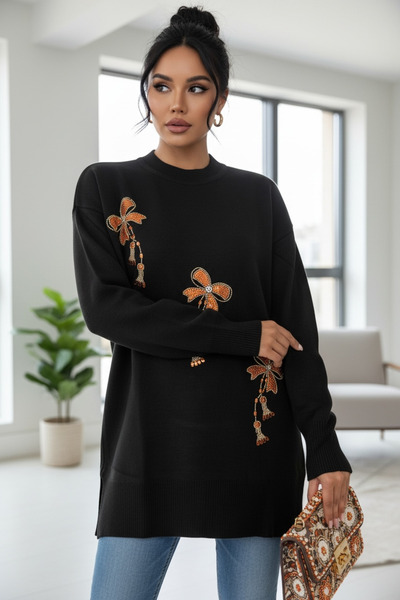 NEWCO Тюнік з довгими рукавами, прикрашений квітковим вишиванням, витончений і зручний, підходить для повсякденних образів - чорний