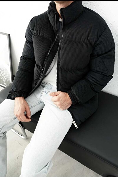 A&O Style Men's Black Oversized Mock Neck Inflatable Velvet Coat with Extra Padding