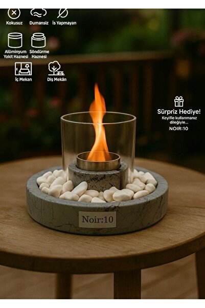 NOİR:10 Mermer Desenli Camlı Masa Üstü Şömine – Beyaz Taşlı & Biyoetanol Yakıtlı