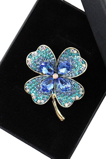 KEEBA Şansın simgesi Dört yapraklı yonca broş mavi gold tonlu taşlı erkek kad...