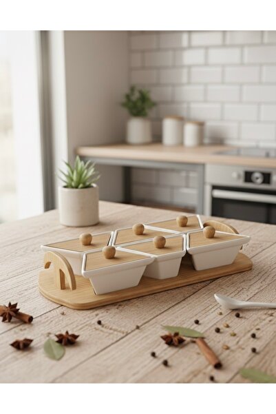 AENLINE HOME Çok Amaçlı Lüks 6'lı Porselen Set | Hem Ahşap Kapaklı Baharatlık Hem Şık Kahvaltı Sunumluk