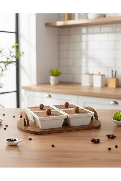 AENLINE HOME طقم تقديم من 4 قطع من البورسلين يشمل وعاء التوابل وطبق الوجبات ا...