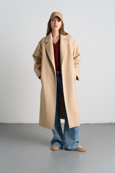 Nauve Prive Camel Uzun Kaşe Belden Bağlamalı Kaban