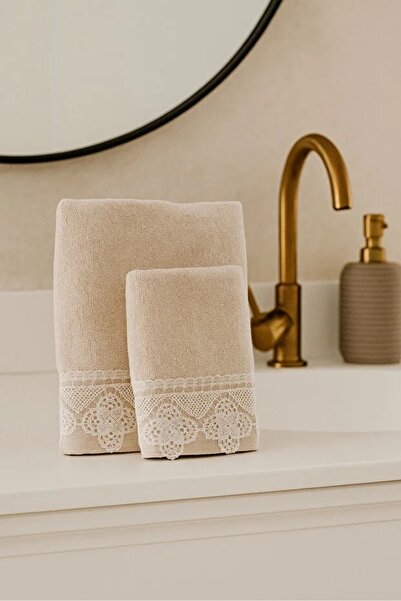Modares Store Ottoman Velvet Towel Set - 2 Pieces, Needle Embroidered, Cappuccino 50x90 & 30x50
