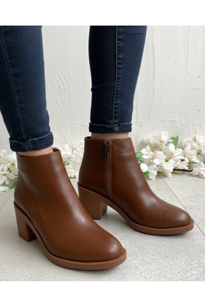 Tamdabu Ayakkabı Taba Skin 6 cm Thick Heel Stylish Daily Cold Proof Women's Boots Tmd202471