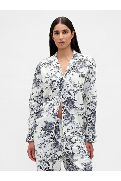 GAP Kadın Açık Gri Poplin Gömlek Pijama Üstü