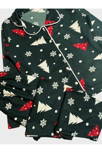 sharin Boys-Girls Patterned Soft Suede Fabric Buttoned New Year Pajama Set 5E-4772