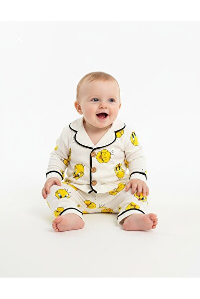 DEFNE LİNA BABY 100% Cotton Double Breasted Collar Front Buttoned Comfortable Fit Unisex Seasonal Baby Pajama Set