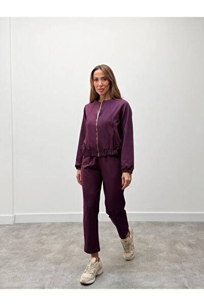 Maldia Shop Women's Zippered Jacket Pants Top and Bottom Plum Set