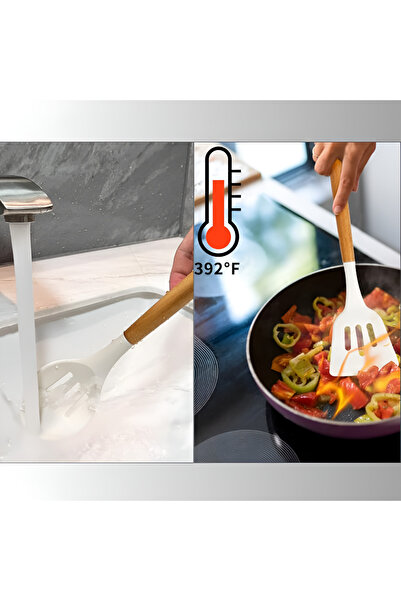 Full Abundance Premium 12-Piece Silicone Kitchen Utensil Set with Bamboo Handles, White