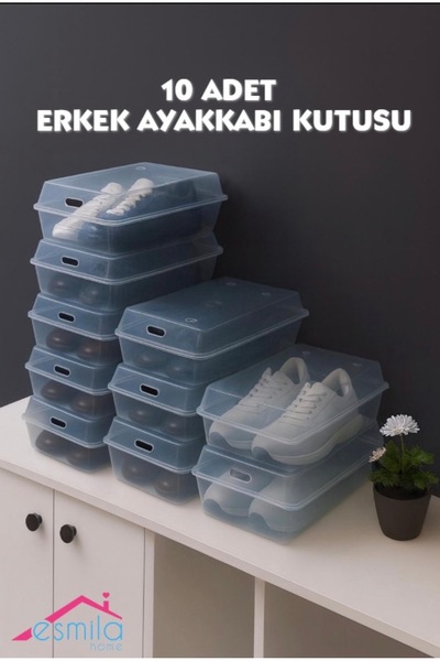 ESMİLA 10 Adet Erkek Ayakkabı Saklama Kutusu Şeffaf 10 Lu Set Esmila18092024.