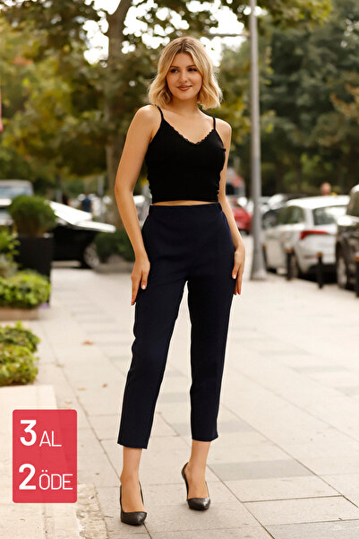 Feela Moda Pantaloni țesuți pentru femei cu talie înaltă din lycra bleumarin - picior de morcov