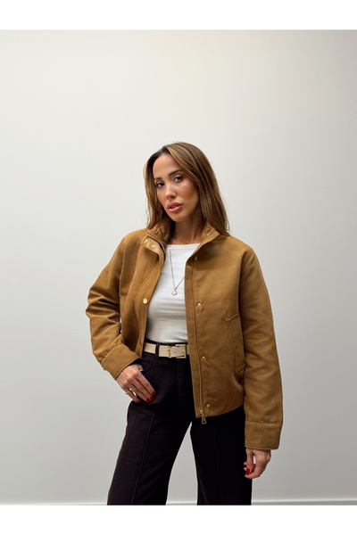 Maldia Shop Women's Suede Fabric Arden Bomber Tan Jacket