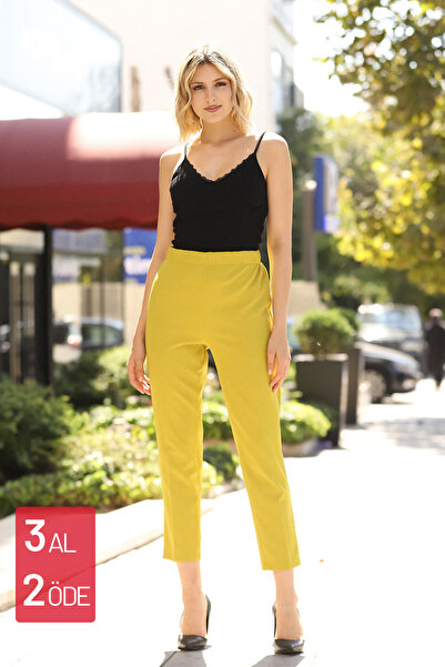 Feela Moda Pantaloni țesuți pentru femei Lycra 1001 Oliv cu talie înaltă - picior morcov