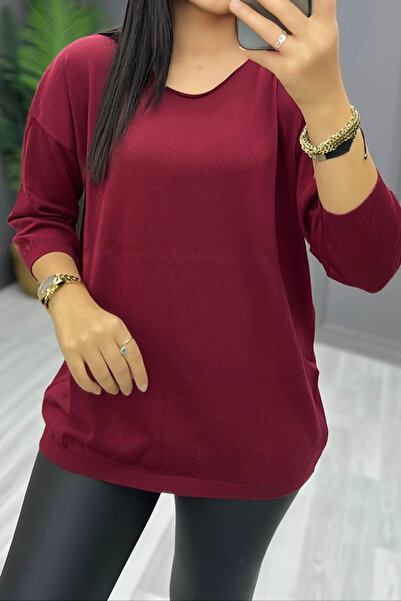 Bİ.GİYSEN Bluză din tricot subțire din bumbac material elastic pentru femei, culoare cireș, cu gât barcă