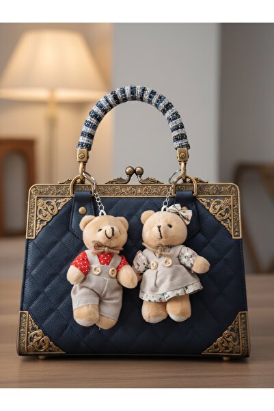 Şirin Çiçekli Elbiseli ve Kırmızı Üstlü Peluş Ayıcık Anahtarlık Çifti