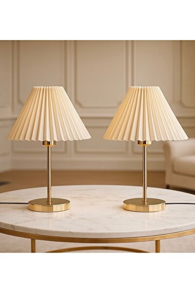 burenze Modern Tasarım Umbrella Abajur 2’li Set Eskitme Gold Masa Lambası Krem Kumaş Pileli Abajur
