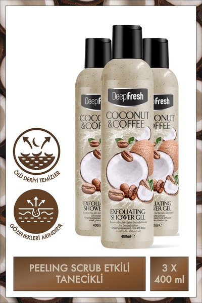Deep Fresh Arındırıcı Peeling Duş Jeli Hindistan Cevizi & Kahve 400 ml 3 Adet | Body Scrub | Pürüzsüz Cilt