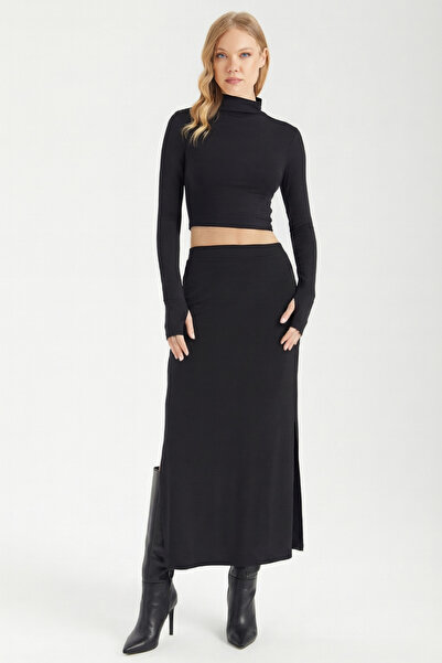 By Yaren Yazıcı Women's Brown Elastic Waist Form Slit Maxi Skirt Day and Night Style