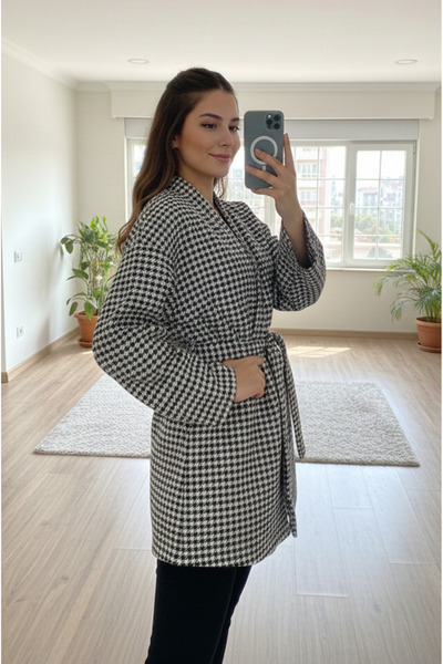 Aişe tesettür Black and White Checkered Houndstooth Pattern Belted Kimono Jacket / Winter Product