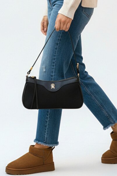 Cochines Women's Black Suede Baguette Handbag and Shoulder Bag