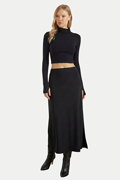 By Yaren Yazıcı Women's Brown Elastic Waist Form Slit Maxi Skirt Day and Night Style