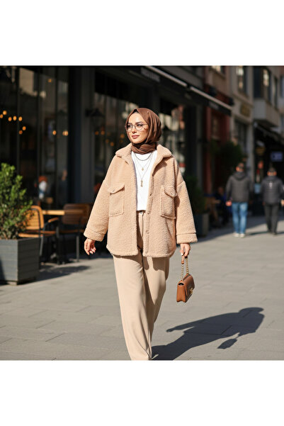 MoonliWear معطف نسائي قصة فضفاضة من القطيفة مع جيوب، قماش ناعم، سترة كاجوال دافئة