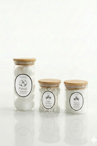 Vienev Set of 3 Cotton Canisters Glass Jar with Bamboo Lid with Label |   2X230 ml - 1X450 ml