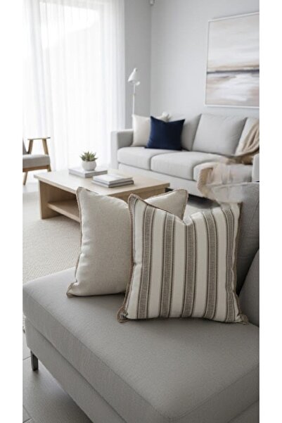 Life Kahve Kalın Çizgili Dantelli Ham Keten Kırlent