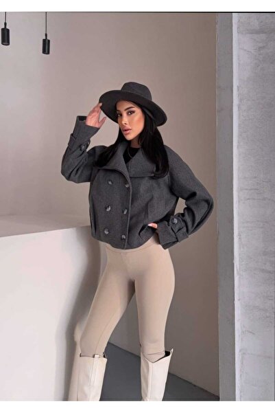 Azra Moda Style Trend Buttoned Pocket Short Cashmere Coat Women