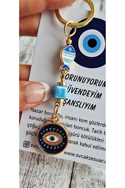 Svc Aksesuar Nazar Boncuklu Hediyelik Şans Balığı Detaylı Koyu Mavi Anahtarlı...