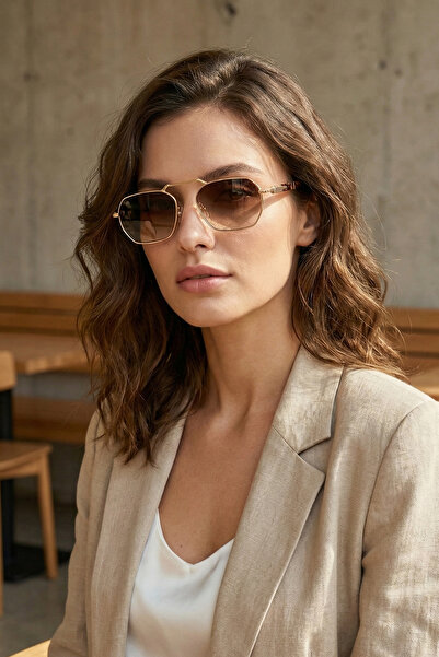 Kapin Eşref Tek Metal Detaylı Dikdörtgen Unisex Güneş Gözlüğü - Gold Çerçeve Kahverengi Degrade Cam