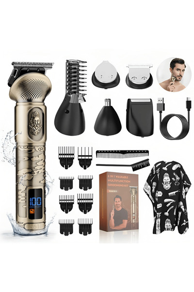 Full Abundance Mașină de tuns electrică metalica premium, ras de precizie cu lame de oțel, accesorii, Auriu