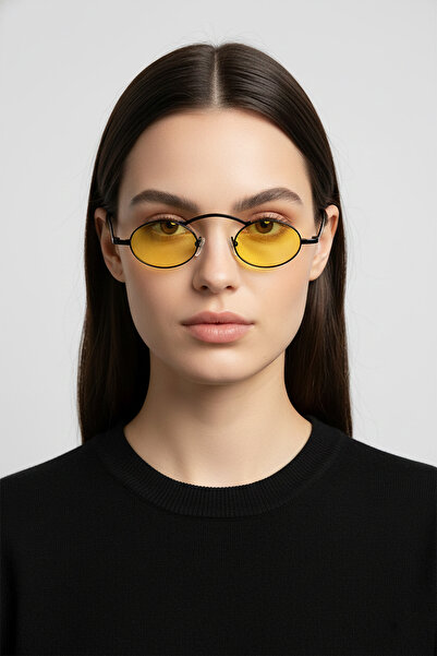 Kapin Oval Tel Elips Güneş Gözlüğü - Siyah Çerçeve Sarı Cam