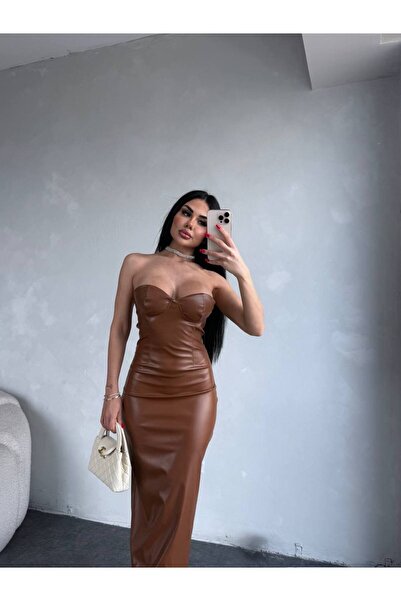 Estilo Fashion Φόρεμα Maxi Boy Δερμάτινο Gloplu Arka άνοιγμα