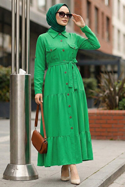 Neva Style Buttoned Green Hijab Dress 40971Y