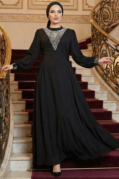 Neva Style Чорна вечірня сукня з вишивкою перлами 10641S