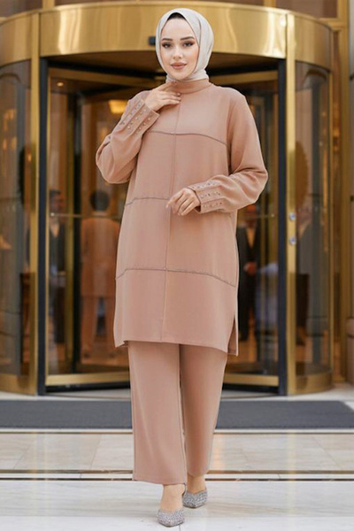 Neva Style Μαργαριτάρι Κεντημένο Camel Hijab Διπλό Σετ 65883C