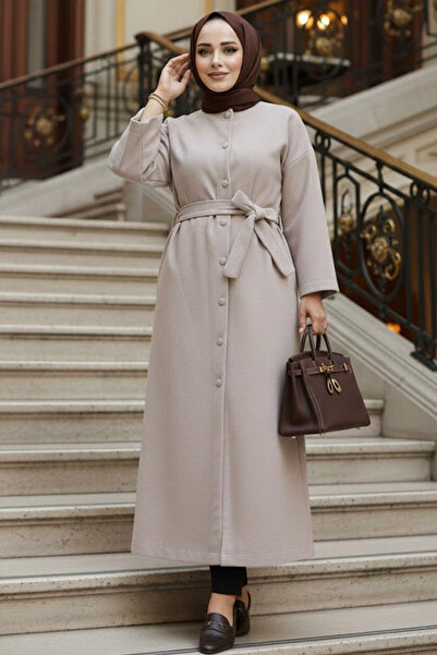 Neva Style Beige Stamped Hijab Coat - Belted, Model 61302Beige